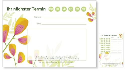 Frank Paperman® | 600 Terminzettel Praxis | 12 x Terminblock à 50 Blatt | floral | 1 Termin | Blumen Design für Terminkarten Kosmetik, Massage Studios, Wellness, Ärzte, Heilpraktiker, Physio uvm.