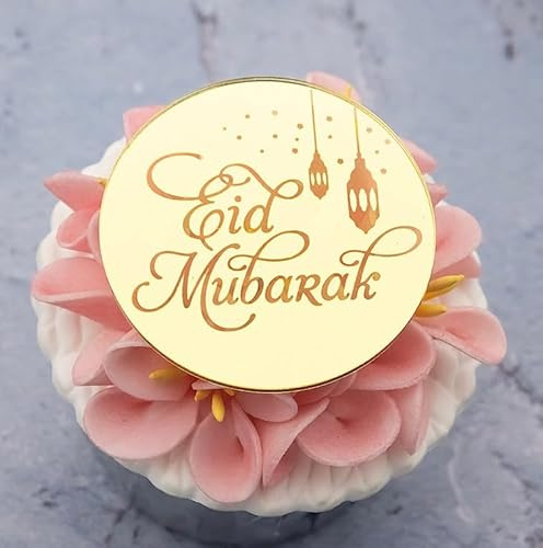 EID Mubarak Cupcake Toppers Engraved Discs - Iftar Party Cupcake Topper - Ramadan Kareem Cupcake Toppers - Acrylic Mirror Cake Topper - Pack of 6