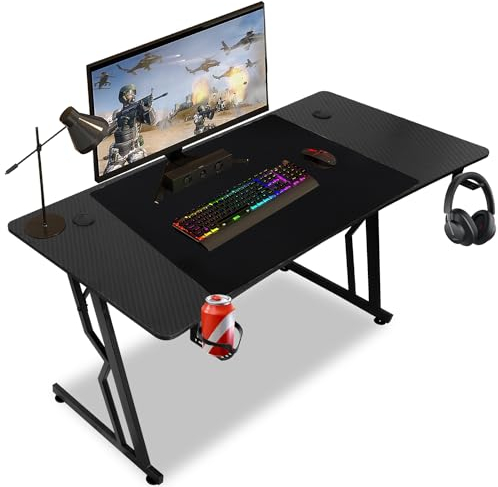 Izrielar Gaming Schreibtisch 140 x 60cm, Gaming Tisch Z-Frame, Ergonomischer Gamer Tisch, Gaming Computertisch mit Kopfhörerhaken und Becherhalter, Einfach zu Montieren, Gaming Desk, Schwarz