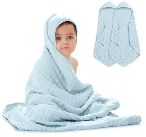Bekväma babyhandduk med huva 2-pack, stor 81 x 81 cm – 6 lager 100 % muslinbomull för spädbarn, småbarn och barn – mjuka och absorberande babyhanddukar – unisex design för badtid – himmelsblå