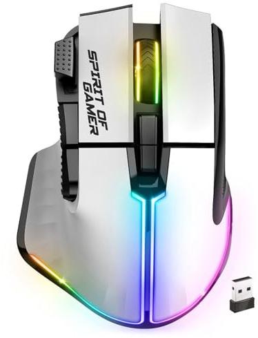Spirit Of Gamer - Pro M5, Souris Gamer sans Fil RGB pour PC, 8 Boutons Programmables Dont 1 Rapid Fire, Connexion Bluetooth & 2,4 GHz, Autonomie Longue Durée 90h, Gaming Mouse RGB Ergonomique, Blanc