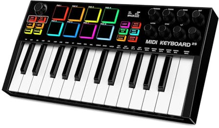TERENCE MIDI Keyboard Controller mit 25 Tasten Professionell 500mAh 8 RGB-Pads 360° Drehknopf ohne Ende 8 Zuweisbare Drehknöpfe OLED-Display Kompatibel mit Mehreren DAWs und Geräten