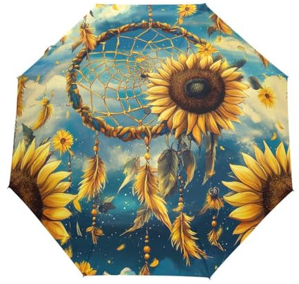 GAIREG Boho-Sonnenblumen-Regenschirm, blauer Himmel, Reise-Regenschirm, automatisches Öffnen, Schließen, zusammenklappbar, kompakt, leicht