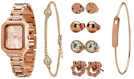 TIME100 Set Reloj Rectangular para Mujer con Pulsera, Cadena y 4 Pares de Pendientes - Caja de Regalo Rosa con Cierre, Regalo Elegante (Oro Rosa)
