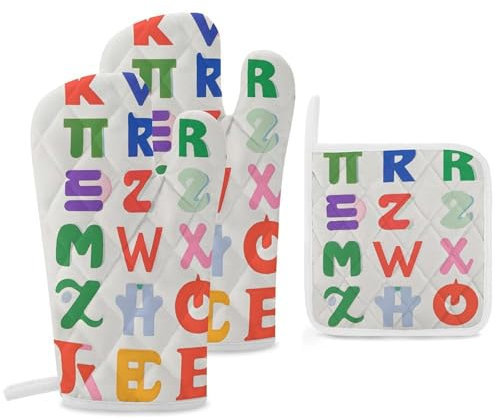 Ofenhandschuhe und Topflappen-Sets mit englischen Buchstaben, hitzebeständige Handschuhe, Topflappen, rutschfeste Kochhandschuhe für Küche, Backen, Grillen (3 Stück)