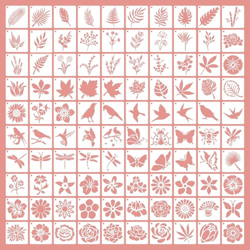WYYFXY® 100 stencil per pittura a stencil 5 × 5 cm, fiori foglie, erba, uccelli, insetti, piccoli stencil riutilizzabili, per carte regalo fai da te, scrapbooking