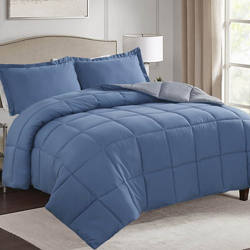 HIG 3 Pieces Dusty Blue Reversible Coverless Duvet King - 240 x 220cm - OEKO-TEX Certified - 10.5 Tog Duvet with Corner Tabs - Down Alternative Comforter with 2 Shams - Machine Washable