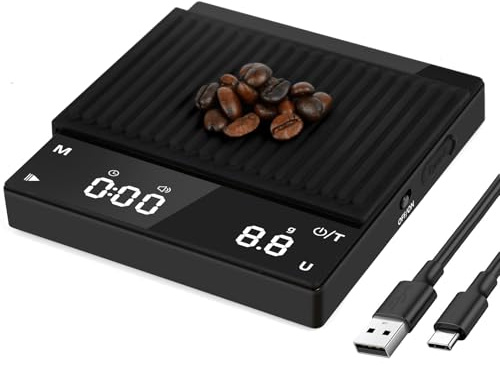 Rechargeable Mini Balance à Café avec Minuterie, 2kg/0.1g Balance de Cuisine avec Affichage LED, 6 Unité, Balance de Cuisine Numérique Portable pour Espresso, Café Versé