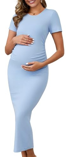 MARI GABRIEL Maternity Dress Photoshoot Wedding Guest | Bodycon Ribbed Ruched Midi Round Neck Short Sleeve Pregnancy Dresses for Baby Shower Cocktail Photoshoot