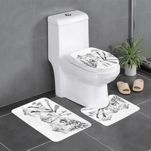 KGDHY Badezimmermatten-Sets 3-Teilig,Winterferien Skianlage Schneeberg Weihnachten,Bad und WC-Vorleger-Set,rutschfeste Badezimmerteppiche wasserabsorbierende