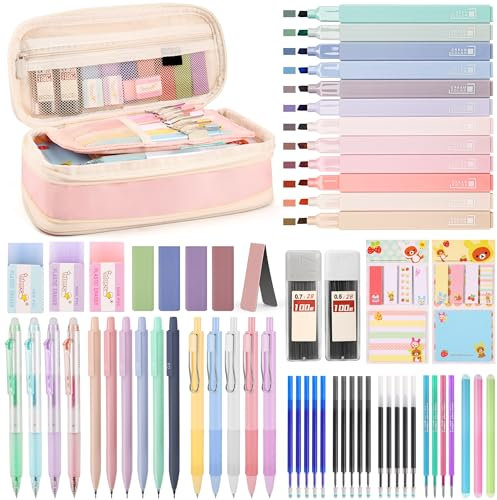 DazSpirit 62 Set de Papeterie Aesthetic avec Trousse Pliable, 12 Surligneurs Pastel, 4 Stylos Effaçables, 5 Stylos Gel, 6 Porte-mines, Notes Adhésives – Fournitures Scolaires pour Étudiants (Rose)