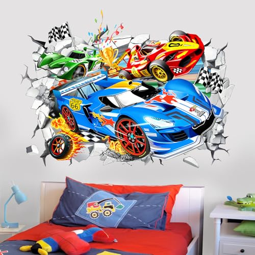 wondever Wandtattoo 3D Autos Wandsticker Rennwagen Fahrzeuge Lastkraftwagen | Abziehen und Aufkleben, Abziehbar, Wandaufkleber Selbstklebend für Kinderzimmer Junge Babyzimmer Jungenzimmer Wanddeko