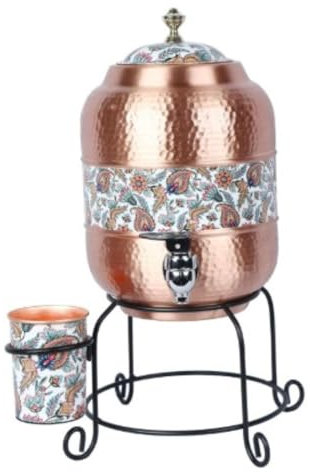 Lalit Kishori Serbatoio dell'acqua in puro rame, brocca artigianale con 1 bicchiere e supporto (Multi 257, 5000 ml)