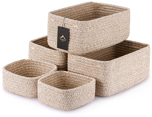 VIRETH HAUS 5-Pack Small Woven Rope Storage Baskets – 2 Sizes Organizer Bins for Closet, Shelf, Bookshelf, Nursery, Changing Table, Fabric Cube Boxes, Rectangular Shallow Bins for Bathroom, Toy & Home