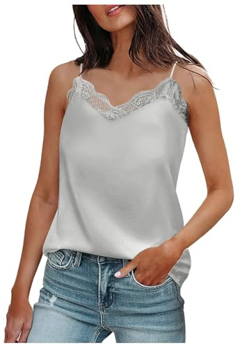 Top de encaje para mujer, de verano, con cuello en V, de satén de seda, sin mangas, camiseta de tirantes, gris, L