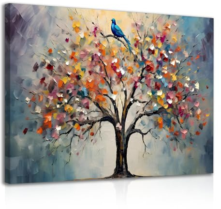 Dazzlewall Framed Colourful Tree of Life Wall Art Print, Vintage Flower Tree Painting Picture for Bedroom Living Room Decor 12x16 in
