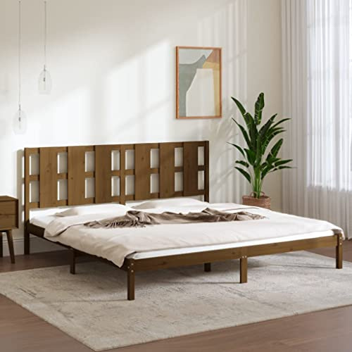 Qnhdfrt Massivholzbett aus Kiefer Honigbraun 200x200 cm Modernes Design mit Robusten Sperrholzlatten und Bequemem Kopfteil für Schlafzimmer Gästebett oder Familienbett