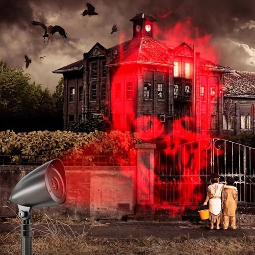 Projector Halloween Decoration Outdoor, 3D Dynamic Halloween Projector, Waterproof LED Projection Lamp, Projector Light Outdoor with Red Skeleton, for Wall, Cemetery, Window, Garden, Yard, Party