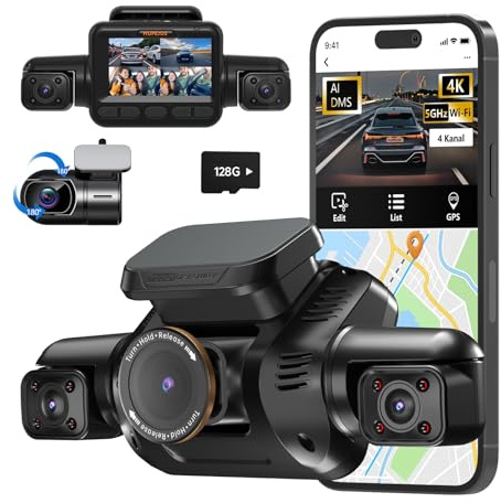 HUPEJOS KI Dashcam Auto Vorne Hinten, 4 Kanal Auto Dashcam mit Fahrer Monitor System (DDAW), 3K+ 3 * 1080P 360° Kamera für Autos WiFi GPS, CPL, 128GB SD Karte, 24H Parküberwachung (V8Pro Privatmodus)