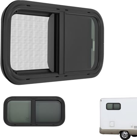 OUBUBY Fenêtre Latérale pour Caravane 600x300mm, Fenêtre Coulissante Pour Camping-car avec Moustiquaire & Verrouillage par Interrupteur Noir RV Coulissantes Teintées, Vitrage Trempé, Cadre Alu