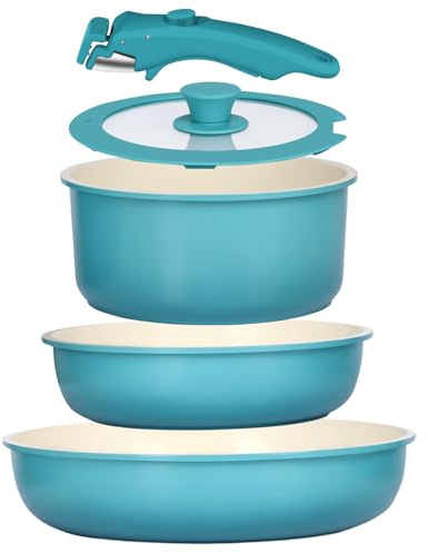GiPP Pots and Pans Set Non Stick,5PCS Granite Nonstick Cookware Sets with Detachable Handle,Induction Kitchen Set Removable Handle,RV Cookware Set,PFAS PFOA Free,Oven Safe(Blue Gradient,5PCS)