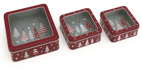 Brandsseller 3er-Set Weihnachtsdosen aus Metall mit Sichtfenster – Plätzchendosen rund in festlichem Design – Aufbewahrungsdosen für Kekse, Gebäck & Geschenke – stapelbar Tannenbäume