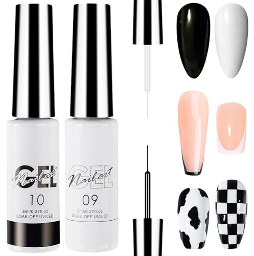 White Gel Nail Polish Liner & Black Gel Nail Polish Liner - 2Pcs Black & White French Nails Art Design, UV Shellac Colour For Fineliner, Women's DIY Home Salon, Colours For Nails