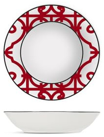 H&H by Bruno Barbieri, Collezione Nomad - Set di 6 Piatti Fondi Diametro 20 cm, Pattern Etnicio, Bordo Nero, in Porcellana, Lavabili in Lavastoviglie e Microonde