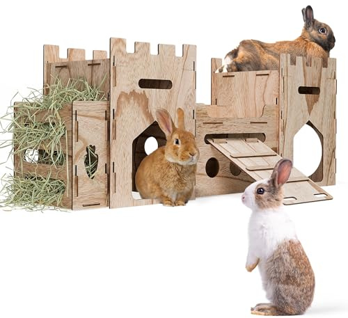 HIIMALEX Large Wooden Bunny Castle Rabbit House Indoor Small Animal | Multistory layout with ramp, tunnel and lookout rooms for rabbits, guinea pigs, ferrets and chinchillas; ventilated panels