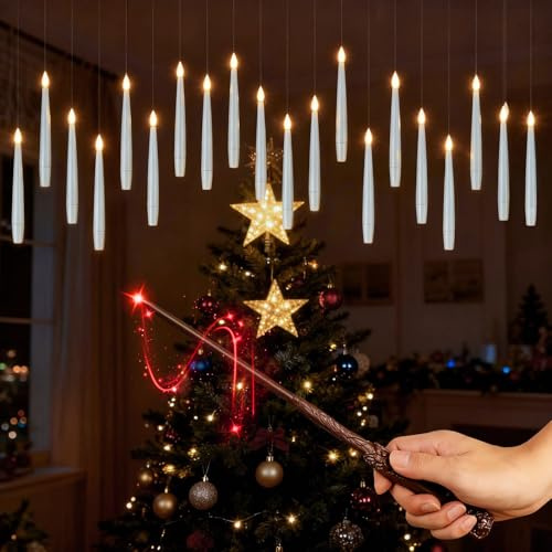 ERWEY Bougie Flottante avec Baguette, 20 Pièces Bougies Magique Sans Flamme, Floating Candles pour Decoration Halloween, Mariage, Fête, Noël