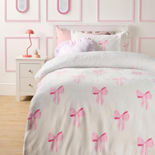 OHS Bows Single Bedding, Gifts for Women Single Fleece Duvet Cover Sets Soft Warm Cosy Bow Print Winter Christmas Bedding Sherpa Reverse Single Duvet Cover Sets with Pillowcases, Pink/White