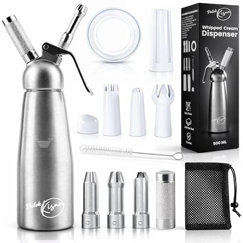 Professional Aluminum Whipped Cream Dispenser 500mL / 1 Pint – Leak-Free Whip Cream Maker Canister with 6 Decorating Tips,Cleaning Brush & Gaskets – for Desserts, Coffee & Foam (Chargers Not Included)