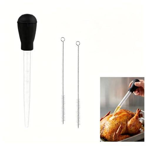 Heat-Resistant Turkey Baster with 2 Cleaning Brushes – Silicone Cooking Pipette for Marinating, Oiling & Basting Turkey, Beef, Pork, Fish and Kitchen Basting Tool with 12 Stainless Steel Tube