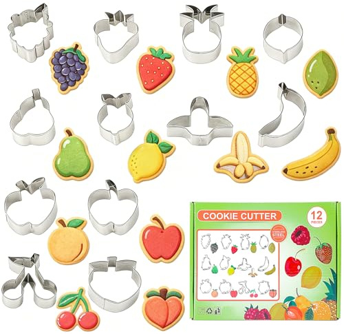 Consnew 12 Pcs Fruits Cookie Cutters Set, High Quality Stainless Steel Biscuit Baking Molds for Fondant, Pastry, Sandwiches, Creative Fruit Shapes, Fun Kitchen Gadget for Family Baking