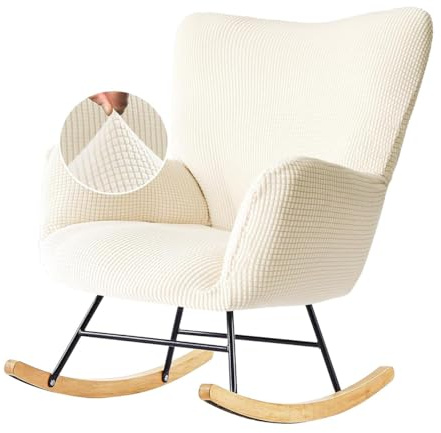 Generique Housses de Fauteuil à Bascule Extensibles Rocking Chair Slipcovers Housses Fauteuil Allaitement Chaise à Bascule Scandinave Chaise Longue,(Beigewhite,1PC)