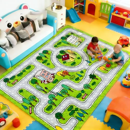 PECAN BUN Kinder Teppich Spielteppich Straßen Maschinenwaschbar Kurzer Flor Pädagogischer Spielteppich， rutschfest Autoteppich Junge Mädchen für Schlafzimmer & Spielzimme (Grün, 100x200 cm)