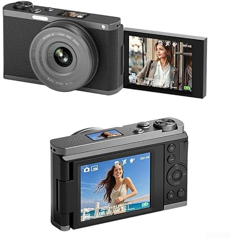 Desiumite Fotocamera digitale da 68 MP 4K con zoom ottico 28x, display da 2,8 pollici Flip a 180°, doppio obiettivo AF/MF, effetto bellezza, modalità webcam, nero (B)
