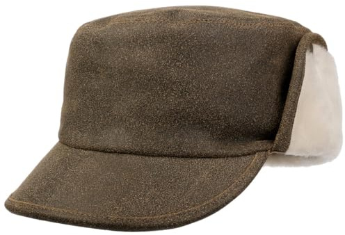 LIERYS Leder Armycap mit Ohrenklappen Damen Herren Unifarbene Winterkappe aus 100% Leder Cap mit integriertem Stofffutter und Ohrenschutz Basecap Herbst Winter