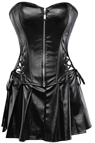Kelvry Kvinnors Goth Spets Upp Front Punk Faux Läder Bustier Korsettklänning Plus Size, Svart noir noir, XXL