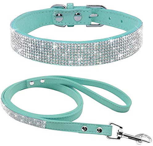 haoyueer Hundehalsband aus weichem Wildleder, schillernd, funkelnd, elegant, ausgefallen, mit Strasssteinen besetzt, für Haustiere, Welpen, Katzen, Hunde, Kombi-Set mit Leine (S, Blau)
