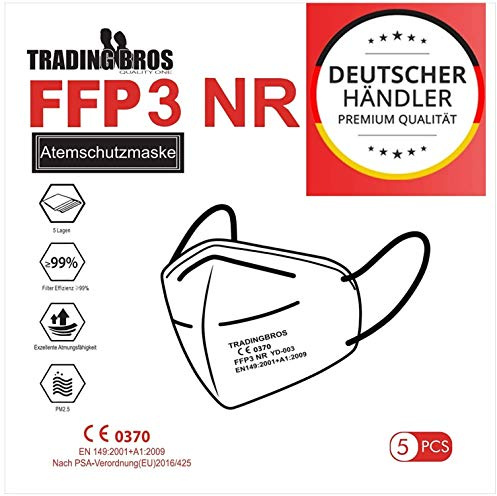 5x Premium FFP3 Maske ohne Ventil mit Ohrschlaufe Atemschutzmasken