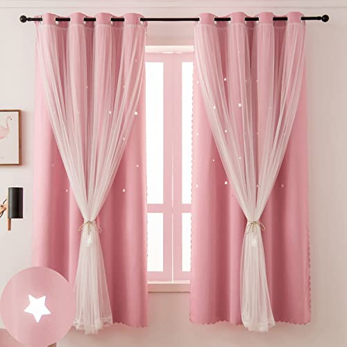 Ftinala Pink Blackout Curtains for Girls Bedroom Cute - Aesthetic Star Cutout Double Layer with Sheer Overlay, 63 Inch Length 1 Panel Baby Nursery Curtains Kids Room Decor Drapes