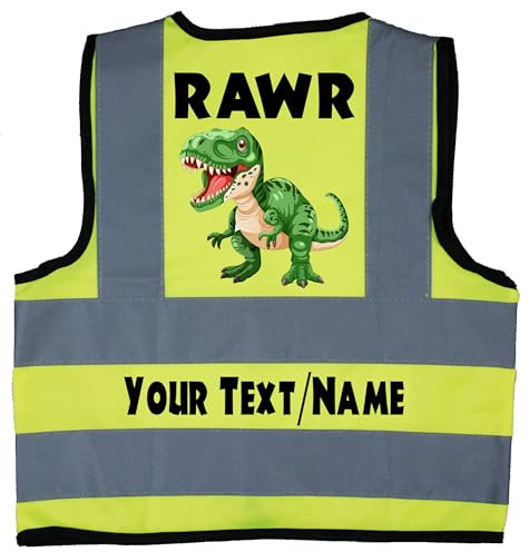 Acce Products RAWR Personlised Dinosaur Baby, Toddler, Children, Kids Hi Vis Safety Jacket Vest Sizes 0 to 8 Years Optional Text On Front
