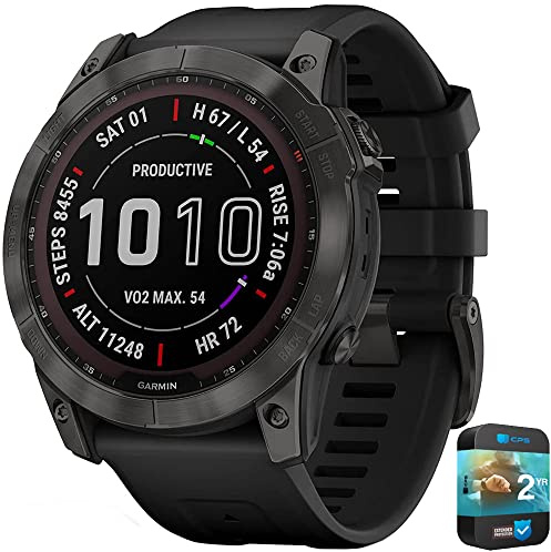 Garmin 010-02541-10 Fenix 7X Sapphire Solar Smartwatch grigio carbonio DLC Titanium con fascia nera Bundle con pacchetto di protezione avanzata CPS 2 anni