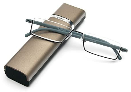 KoKoBin Occhiali da lettura con montatura ultraleggera TR90 Aiuto Lettura Mezzi Occhiali in Metallo con Mezza Montatura Aiuto Vista con Custodia Occhiali per Uomo e Donna, grigio., +2.5(1er Pack)