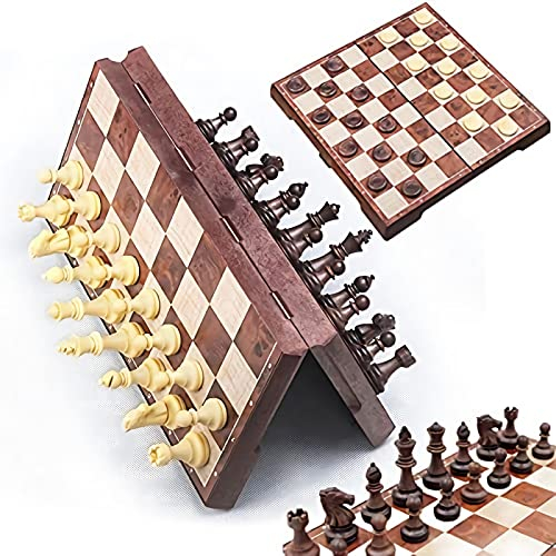 Qlisytpps Magnetisches Reise-Schach-Set und Dame Brettspiel, 2-in-1 Schach- und Dame-Spiel-Set mit tragbarem, faltbarem Brett, Schachfiguren-Set für Kinder und Erwachsene (31,2 cm x 31,2 cm)
