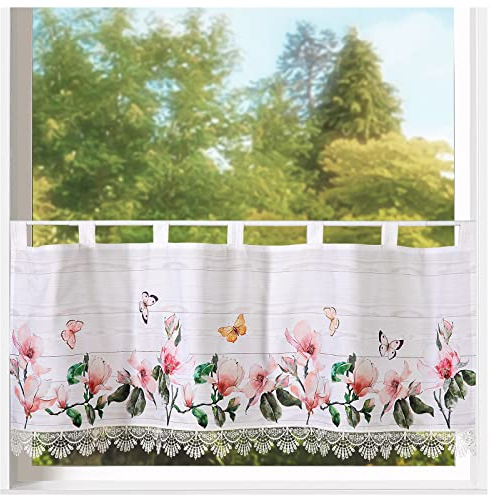 heimtexland ® Scheibengardine Blumen Gardine Digitaldruck HxB 45x120 Fensterdekoration Blickdicht Oekotex Typ789 Kirschblüte Ecru