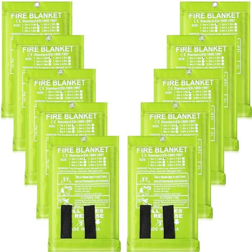 Feuerlöschdecke, Fiberglas, Feuerschutzdecke, schwer entflammbar, feuerfest, Notfall-Überlebenssicherheitsabdeckung für Küche, Zuhause, Auto, Büro, Lager, 99 x 99 cm, Grün, 10 Stück