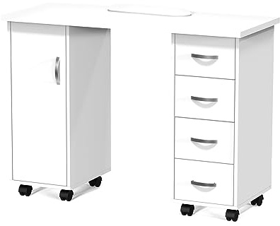 OmySalon Manicure Table Nail Desk w/Cabinet, Drawers, Wheels & Wrist Rest, Spa Salon Beauty Home Wooden Technician Workstation Nail Art Equipment for Nail Tech, White