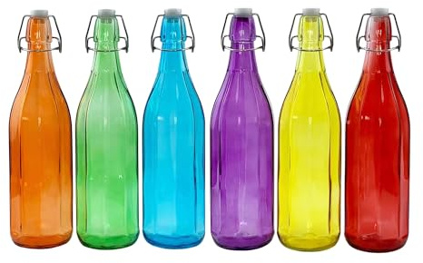 simpa Vintage Style Mix Colour Glass Bottles with Swing Top Lids. Octagonal 1L Bottles - Set of 6